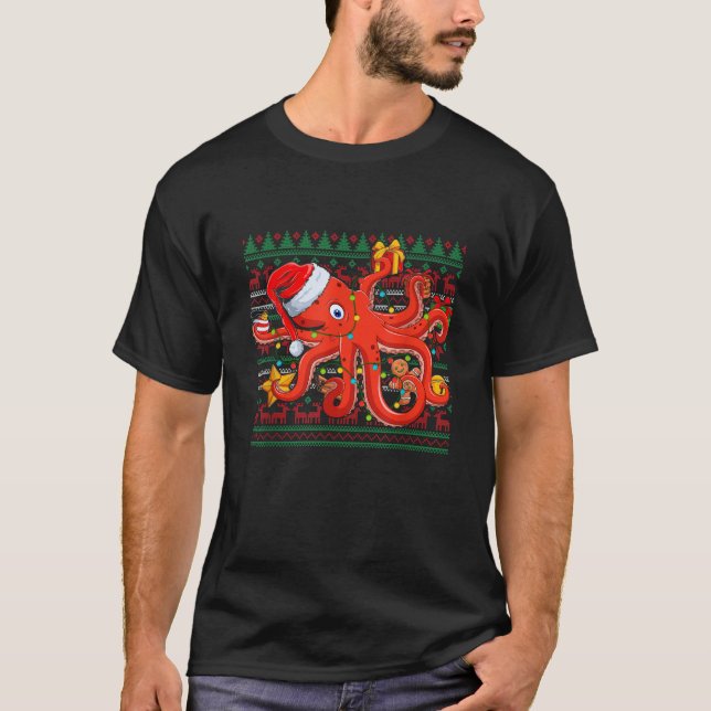 Weihnachtsmannmütze Octopus Xmas Lighting Ugly Oct T-Shirt (Vorderseite)