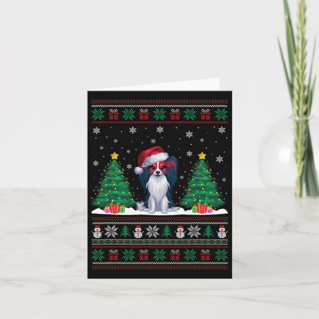 Weihnachtsmannmütze Papillon Dog Weihnachtsbaumleu Karte (Vorderseite)