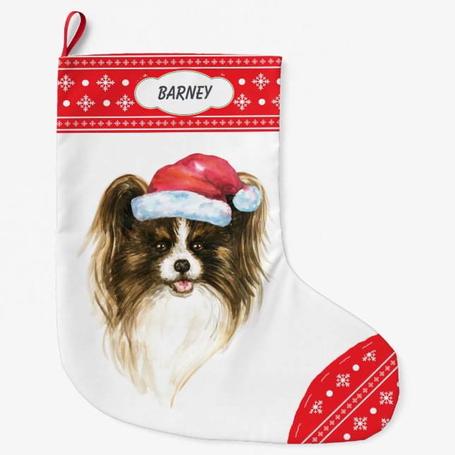 Weihnachtsmannmütze Papillon Hund Schneeflocken Großer Weihnachtsstrumpf (Vorderseite)