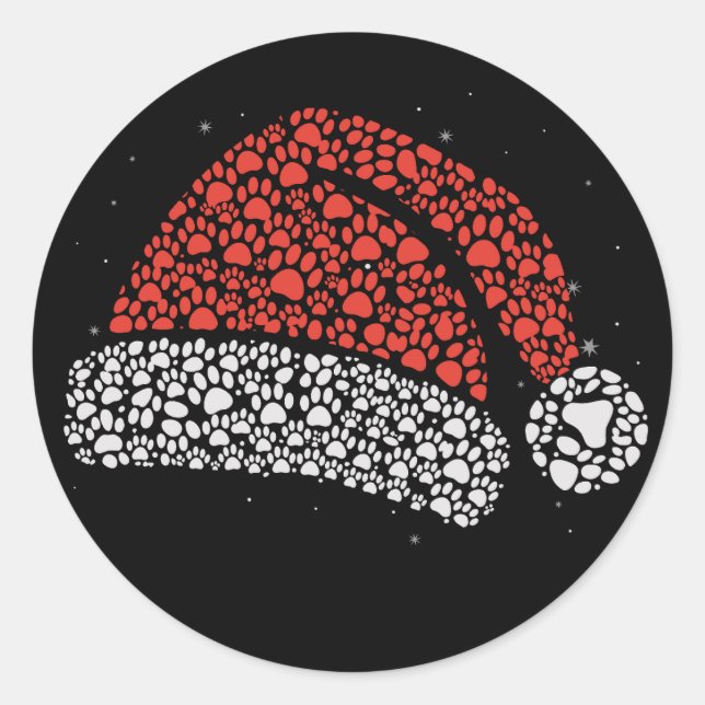 Weihnachtsmannmütze Paw Print Weihnachtshund Lover Runder Aufkleber (Vorderseite)