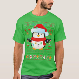 Weihnachtsmannmütze Pinguin Bird Xmas Lights Ugly  T-Shirt