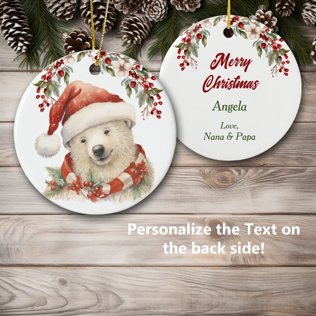 Weihnachtsmannmütze Polar Bear Holly Berries Weihn Keramik Ornament (Von Creator hochgeladen)