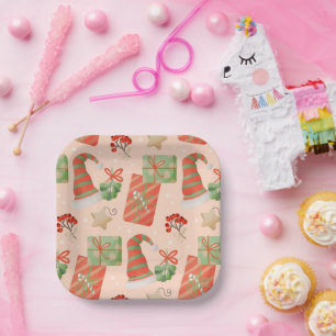 Weihnachtsmannmütze präsentiert Baubles Holly Squa Pappteller