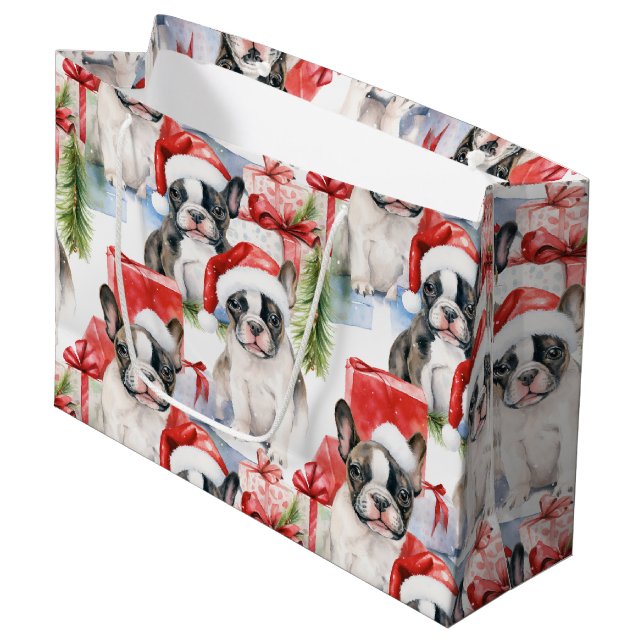 Weihnachtsmannmütze Pups Frenchie Große Geschenktüte (Vorderseite Schrägansicht)