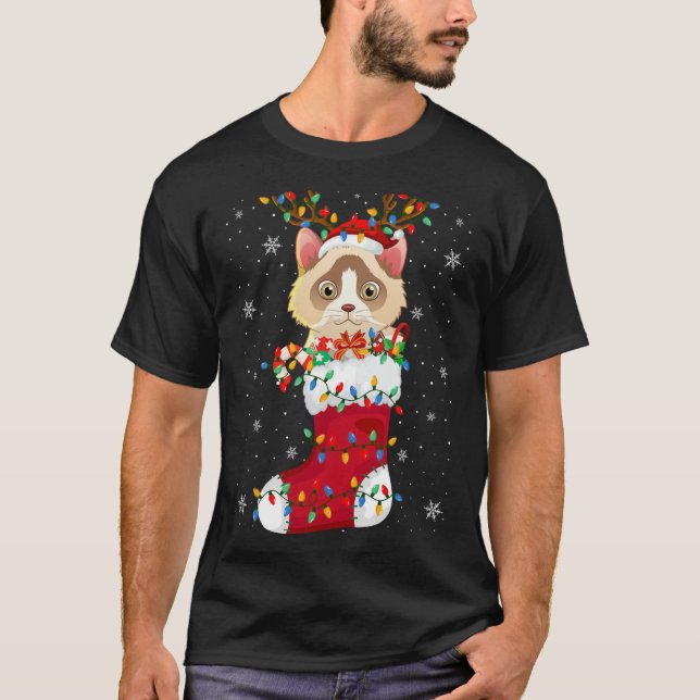 Weihnachtsmannmütze Ragdoll Katze in Socken Xmas T T-Shirt (Vorderseite)