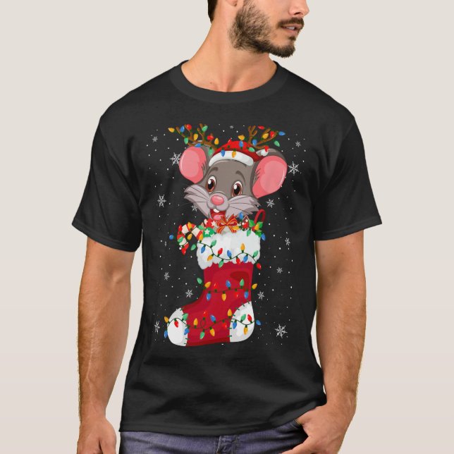 Weihnachtsmannmütze Ratte Tier in Socken Xmas Tret T-Shirt (Vorderseite)