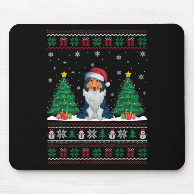 Weihnachtsmannmütze Rough Collie Dog Xmas Tree Lig Mousepad (Vorne)