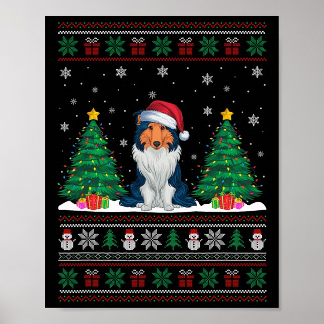 Weihnachtsmannmütze Rough Collie Dog Xmas Tree Lig Poster (Vorne)