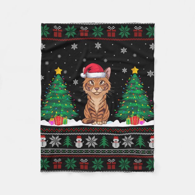 Weihnachtsmannmütze Savannah Cat Weihnachtsbaum Li Fleecedecke (Vorderseite)