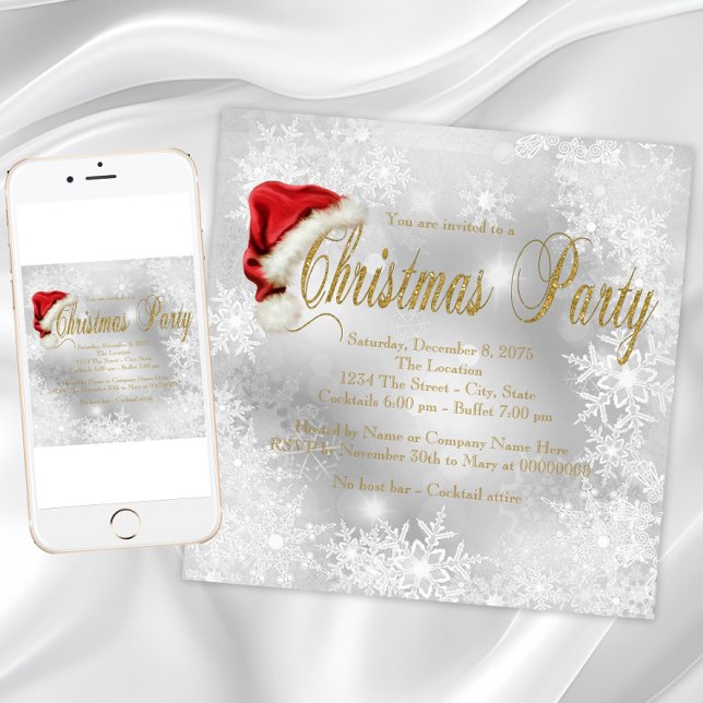 Weihnachtsmannmütze Snowflake Weihnachts-Party Einladung (Santa hat snowflake Christmas party invitations. Instant download and printed invitations available.)