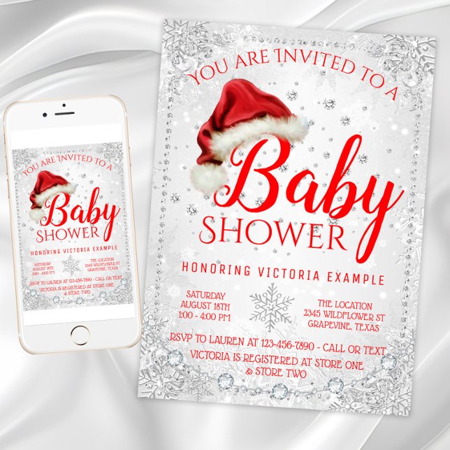 Weihnachtsmannmütze Snowflake Weihnachtsdusche Einladung (Christmas baby shower invitation with Santa hat and snowflakes. Digital download and printed.)