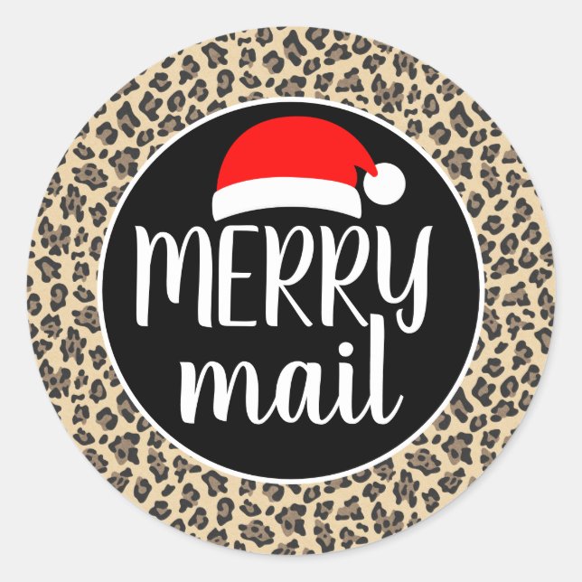 Weihnachtsmannmütze Tierdruckleopard Merry Mail Runder Aufkleber (Vorderseite)
