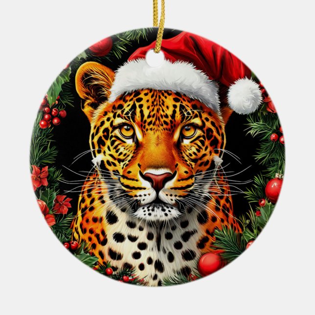 Weihnachtsmannmütze von festem Leopard Keramik Ornament (Vorne)