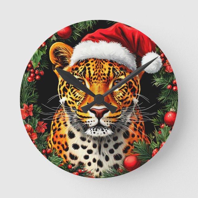 Weihnachtsmannmütze von festem Leopard Runde Wanduhr (Vorderseite)