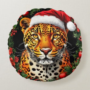 Weihnachtsmannmütze von festem Leopard Rundes Kissen