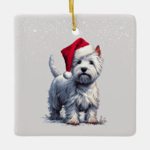 Weihnachtsmannmütze Westie im Schneezauber Keramikornament