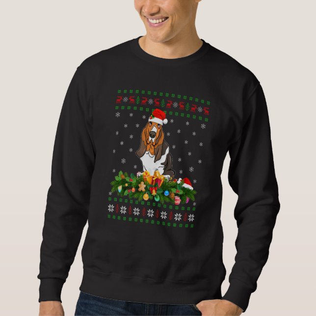 Weihnachtsmannmütze Xmas Lighting Ugly Basset Houn Sweatshirt (Vorderseite)