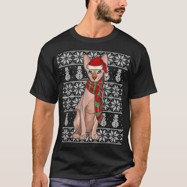 Weihnachtsmannmütze Xmas Sphynx Cat Ugly Christmas T-Shirt (Vorderseite)