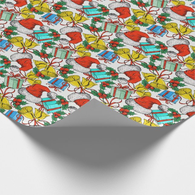 Weihnachtsmannmützen, Geschenke und Glocken Geschenkpapier (Ecke)