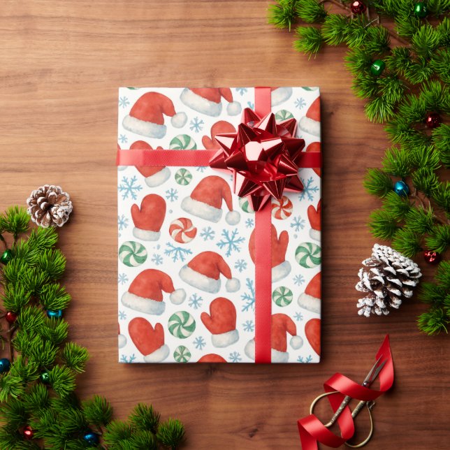 Weihnachtsmannmützen & Schneeflocken Geschenkpapie Geschenkpapier (Feiertagsgeschenk)