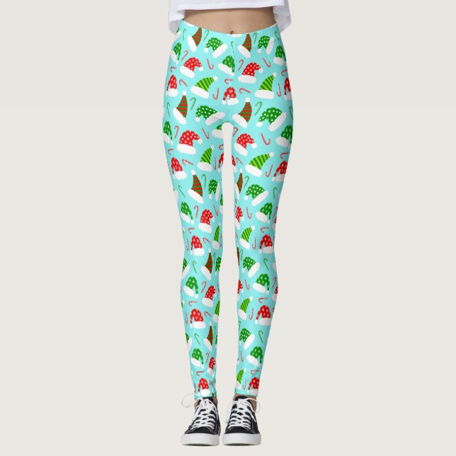 Weihnachtsmannmützen und Candy Canes Weihnachtsmus Leggings (Vorderseite)
