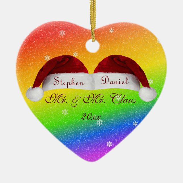 Weihnachtsmannmützen und Regenbogen Keramikornament (Vorne)
