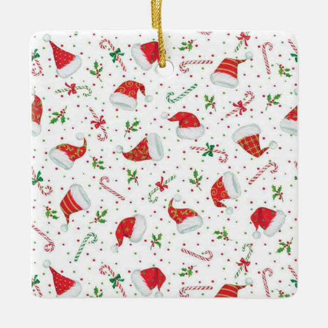 Weihnachtsmannmützen und Zuckerstangen Keramikornament (Vorderseite)