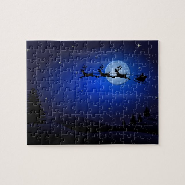 Weihnachtsmannren und -Pferdeschlitten über Mond Puzzle (Horizontal)