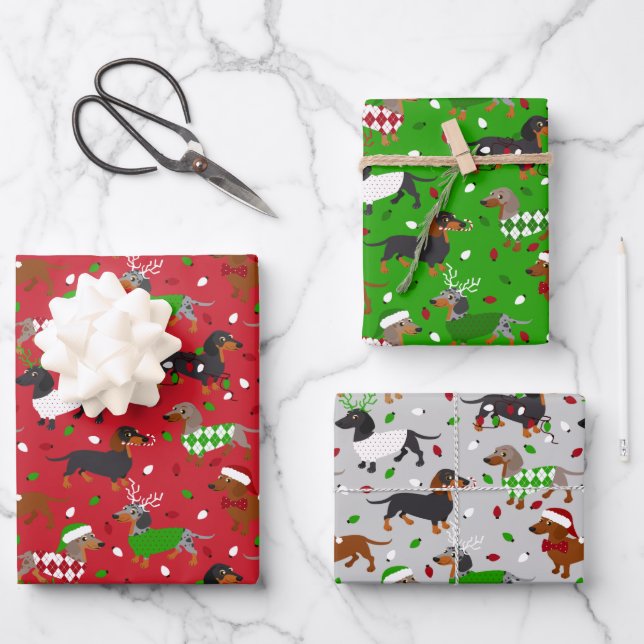 Weihnachtsmäntel Dackel Geschenkpapier Set (Vorderseite)