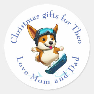 Weihnachtsmarken-Aufkleber Corgi Snowboarden Runder Aufkleber