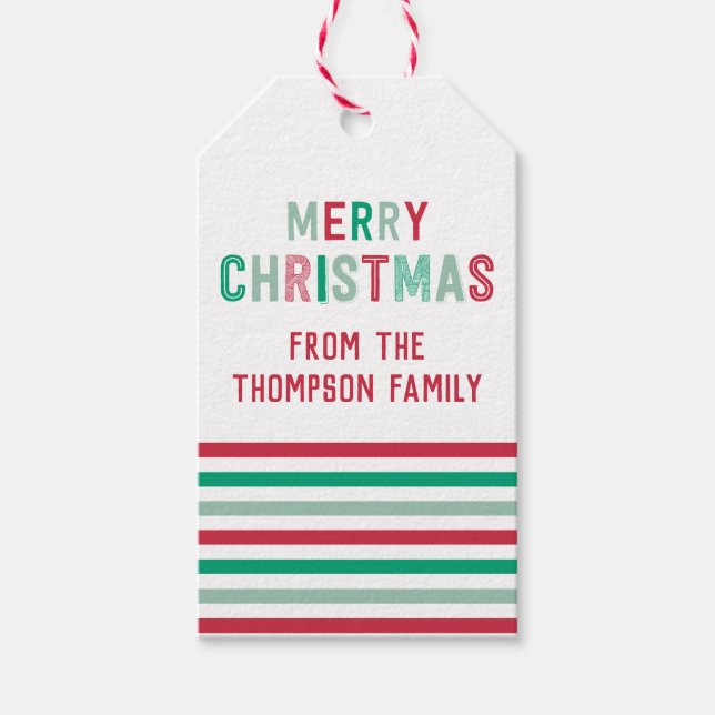Weihnachtsmarken in Grün und Rotem Streifen Geschenkanhänger (Vorderseite)