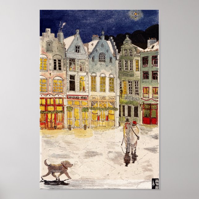 Weihnachtsmarkt Belgien Retro-inspiriert Wasserfar Poster (Vorne)