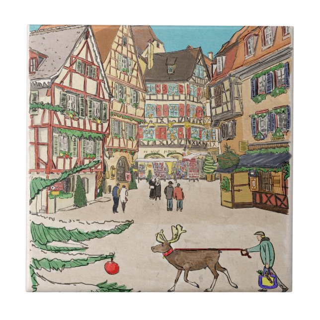 Weihnachtsmarkt Straßburg Frankreich Retro inspiri Fliese (Vorderseite)