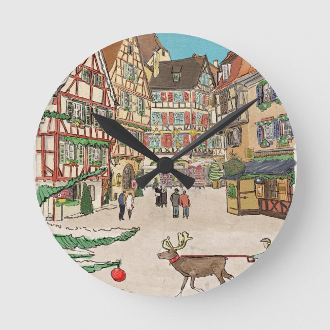 Weihnachtsmarkt Straßburg Frankreich Retro inspiri Runde Wanduhr (Vorderseite)