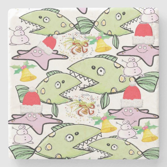 Weihnachtsmarmor Stone Untersetzer, Haifischfisch  Steinuntersetzer (Vorderseite)