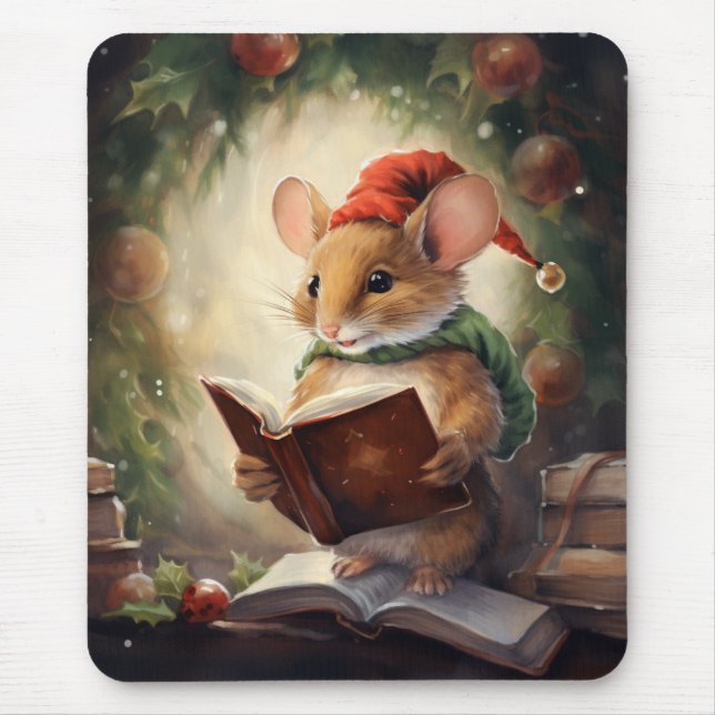 Weihnachtsmaus beim Lesen Mousepad (Vorne)