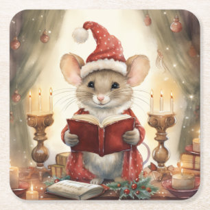 Weihnachtsmaus beim Lesen Rechteckiger Pappuntersetzer