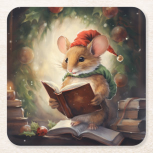 Weihnachtsmaus beim Lesen Rechteckiger Pappuntersetzer