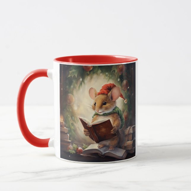 Weihnachtsmaus beim Lesen Tasse (Links)