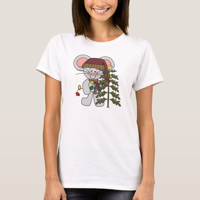 Weihnachtsmaus, die Baum verziert T-Shirt (Vorderseite)