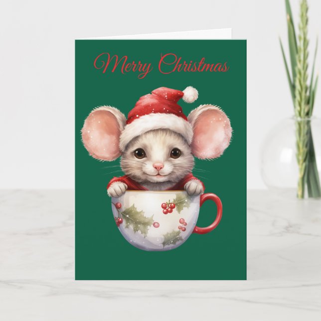 Weihnachtsmaus in Teetasse Feiertagskarte (Vorderseite)