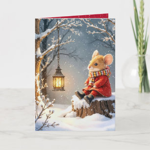 Weihnachtsmaus und Waldlattern in Schneeflocken Karte