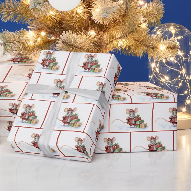 Weihnachtsmäuse auf Weiß Geschenkpapier (Feiertage)
