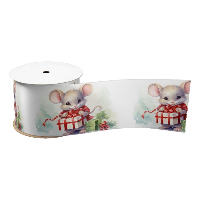 Weihnachtsmäuse auf Weiß Satinband (Spule)