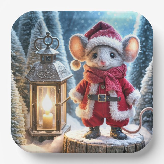 Weihnachtsmäuse mit glühender Laterne Pappteller (Vorderseite)