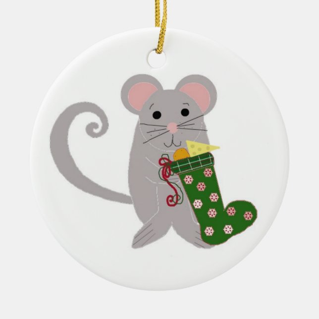 Weihnachtsmäuse mit grünem Strumpf Keramik Ornament (Vorne)