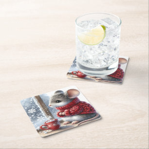 Weihnachtsmäuse mit heißem Kakao Rechteckiger Pappuntersetzer