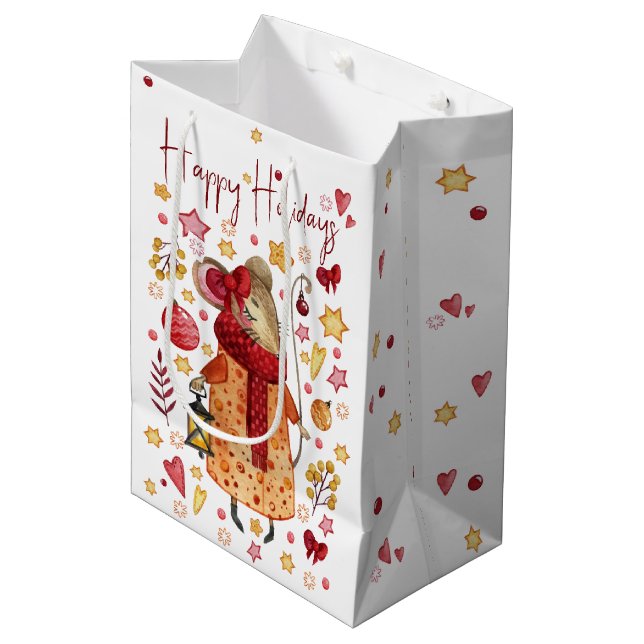 Weihnachtsmäuse mit Lattern Mittlere Geschenktüte (Vorderseite Schrägansicht)