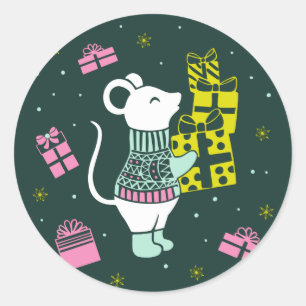 Weihnachtsmäuse mit Präsentation Illustration Runder Aufkleber