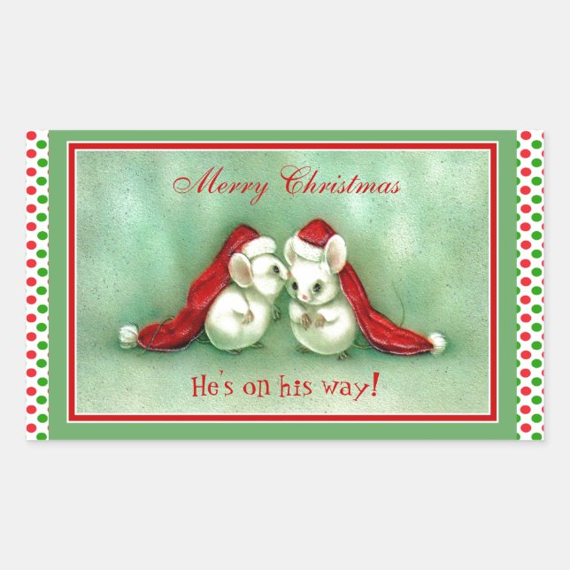 Weihnachtsmäuse mit Roten Weihnachtsmannmützen Rechteckiger Aufkleber (Vorderseite)